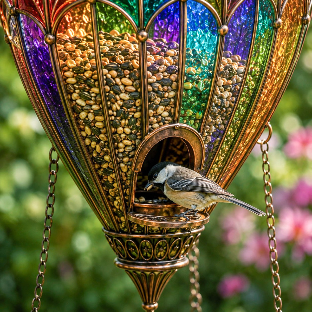 Close-up of seed compartment and bird feeding opening