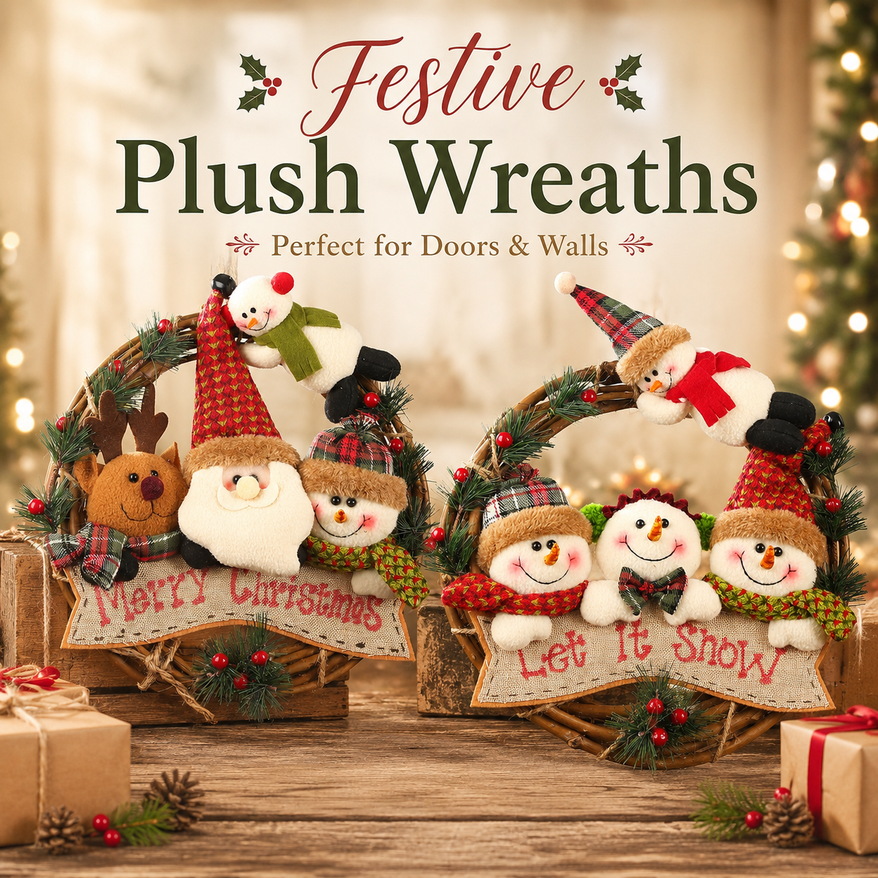 🎄 Plush Christmas Wreath – Santa, Reindeer & Snowman Door Hanging Decor