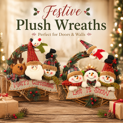 🎄 Plush Christmas Wreath – Santa, Reindeer & Snowman Door Hanging Decor