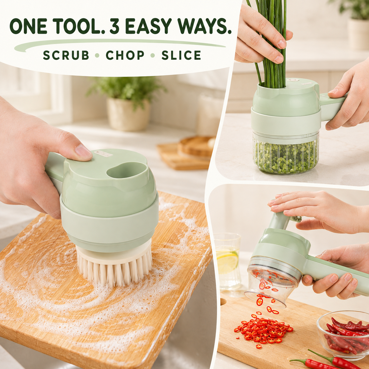 🔥 4-in-1 Electric Chopper 🧄 Slice, Mince, Peel & Clean with Ease