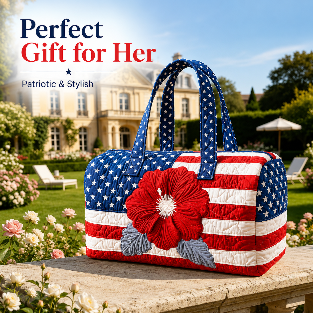 🇺🇸🧵 Handcrafted Patriotic Quilted Tote Bag – 3D Floral American Flag Travel Duffel