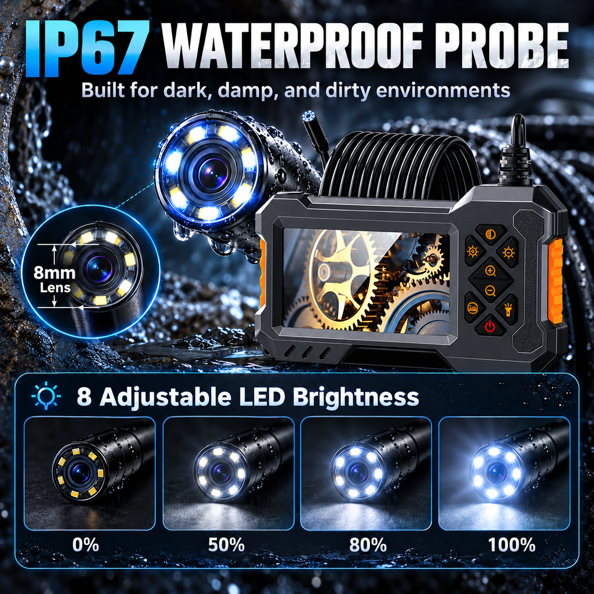 🎯📺HD Borescope Camera with Light - 4.3" HD Screen, Waterproof Endoscope with 8 LED Lights💡