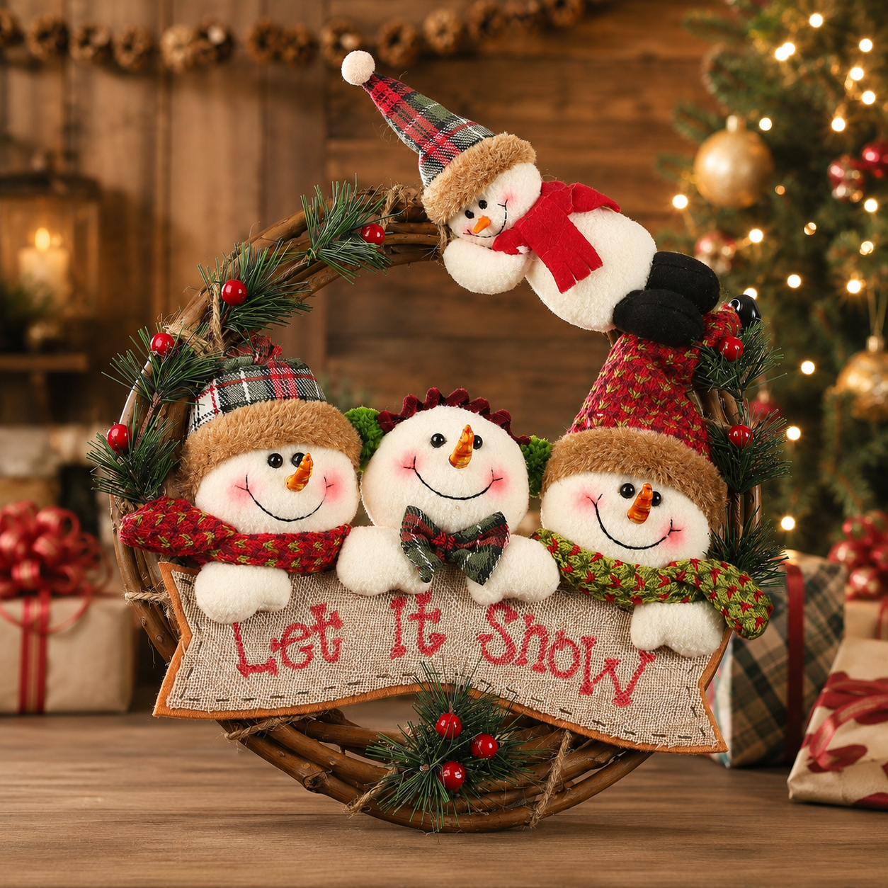 🎄 Plush Christmas Wreath – Santa, Reindeer & Snowman Door Hanging Decor