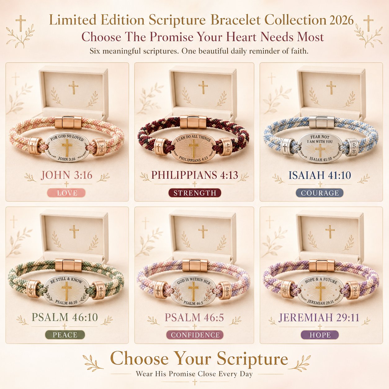 🔥 LAST DAY 49% OFF – ✝️ Christian Scripture Faith Bracelet Collection | 6 Meaningful Bible Verse Designs with Raised Gold Cross, Magnetic Clasp & Matching Gift Box 💗✨