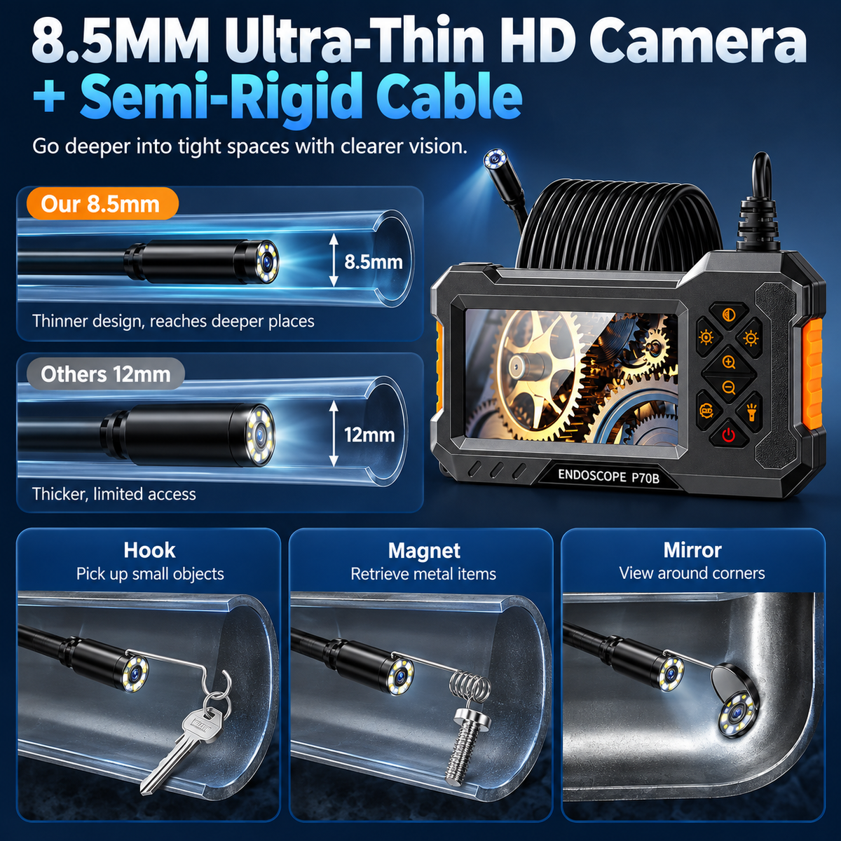 🎯📺HD Borescope Camera with Light - 4.3" HD Screen, Waterproof Endoscope with 8 LED Lights💡