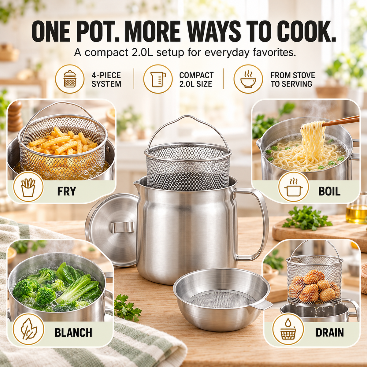 🍟 3-in-1 2.0L 4-Piece 304 Stainless Steel Deep Fryer Pot Set – Stovetop Frying, Oil Draining & Filtering with Basket & Lid