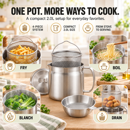 🍟 3-in-1 2.0L 4-Piece 304 Stainless Steel Deep Fryer Pot Set – Stovetop Frying, Oil Draining & Filtering with Basket & Lid
