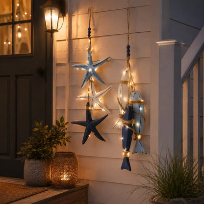 2026 Hot Sale🔥LED Lighted Nautical Wooden Starfish & Fish Hanging Wall Art