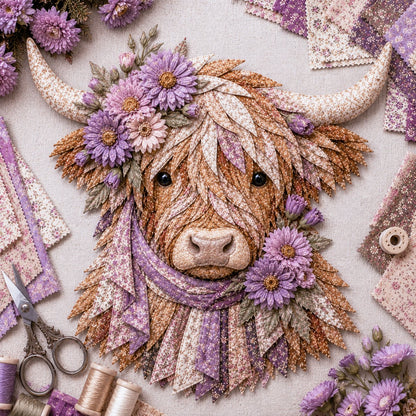 🔥Hot Sale🐮💐🌸 Birth Flower Highland Cow 3D Layered Fabric Art DIY Kit (Beginner-friendly)