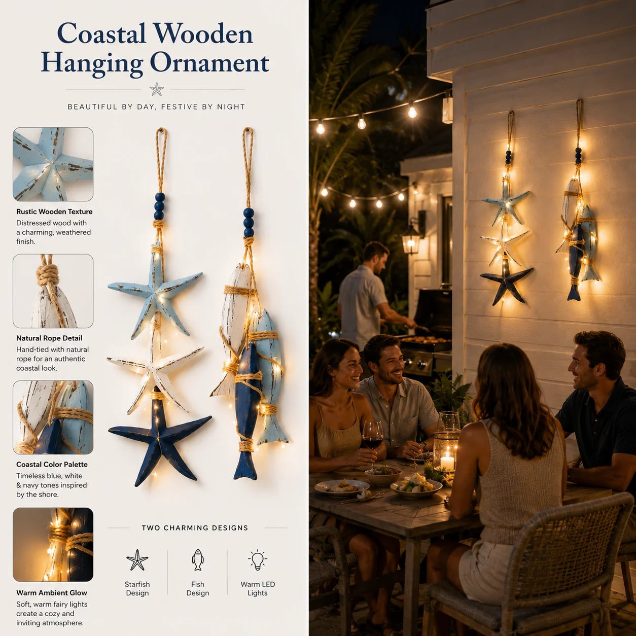 2026 Hot Sale🔥LED Lighted Nautical Wooden Starfish & Fish Hanging Wall Art