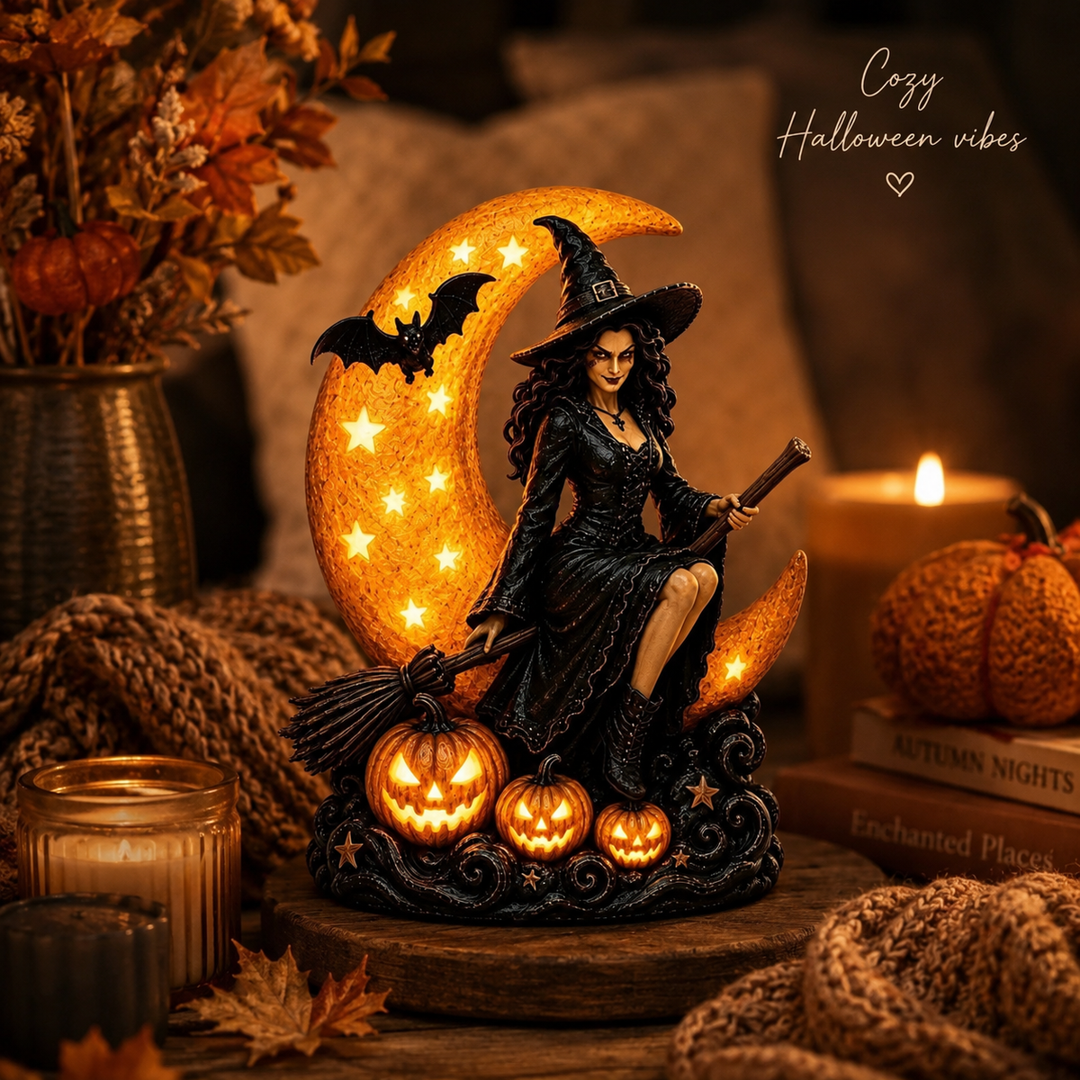 🔥🎃40% OFF Lighted Witch on Crescent Moon with Pumpkins LED Halloween Tabletop Lamp
