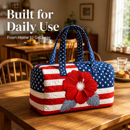 🇺🇸🧵 Handcrafted Patriotic Quilted Tote Bag – 3D Floral American Flag Travel Duffel