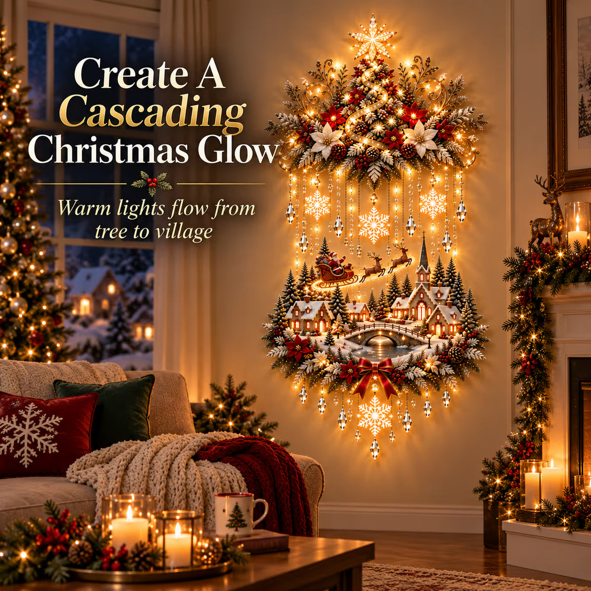 🎄 Magical Christmas Tree & Village Wall Light ✨ Cascading Warm Holiday Glow
