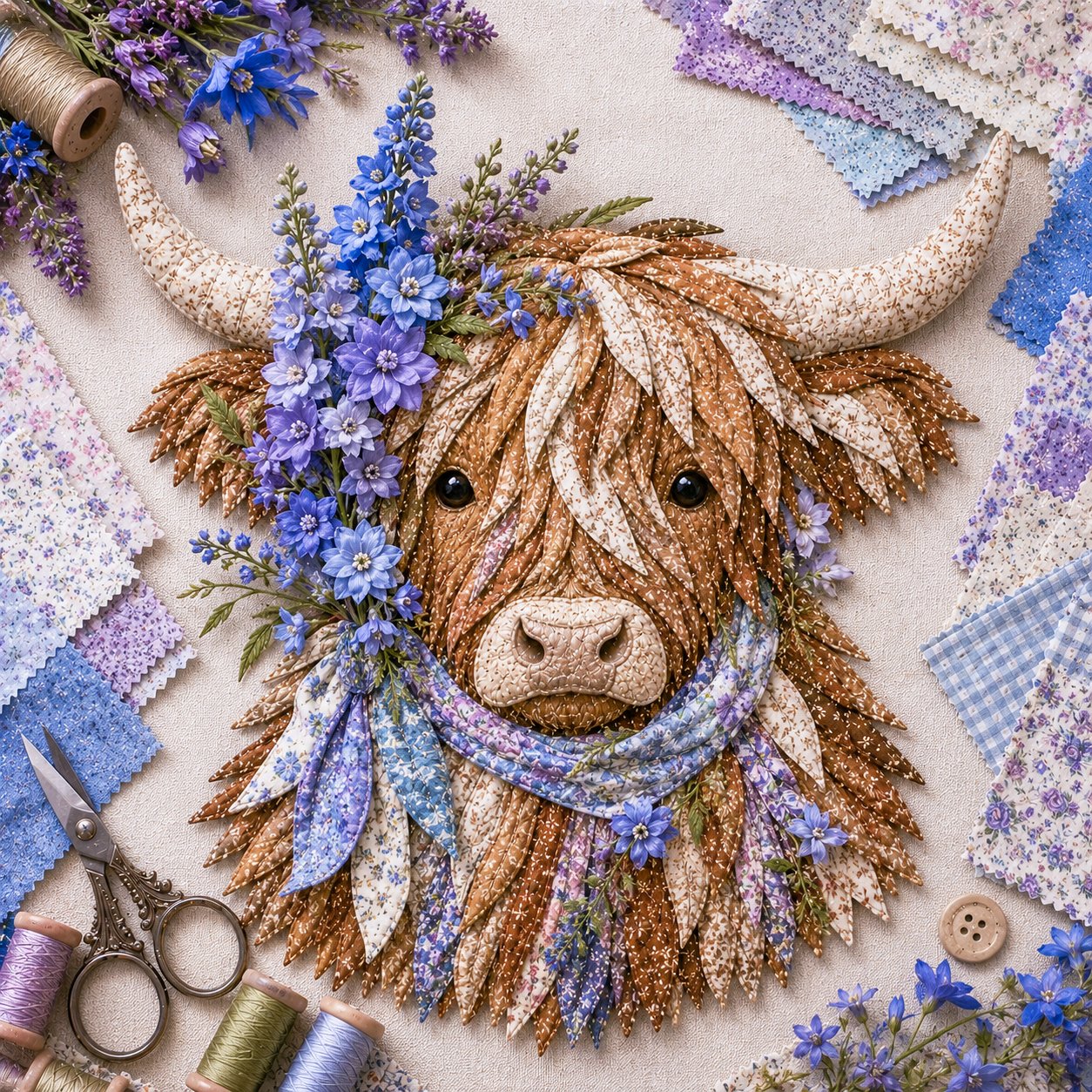 🔥Hot Sale🐮💐🌸 Birth Flower Highland Cow 3D Layered Fabric Art DIY Kit (Beginner-friendly)
