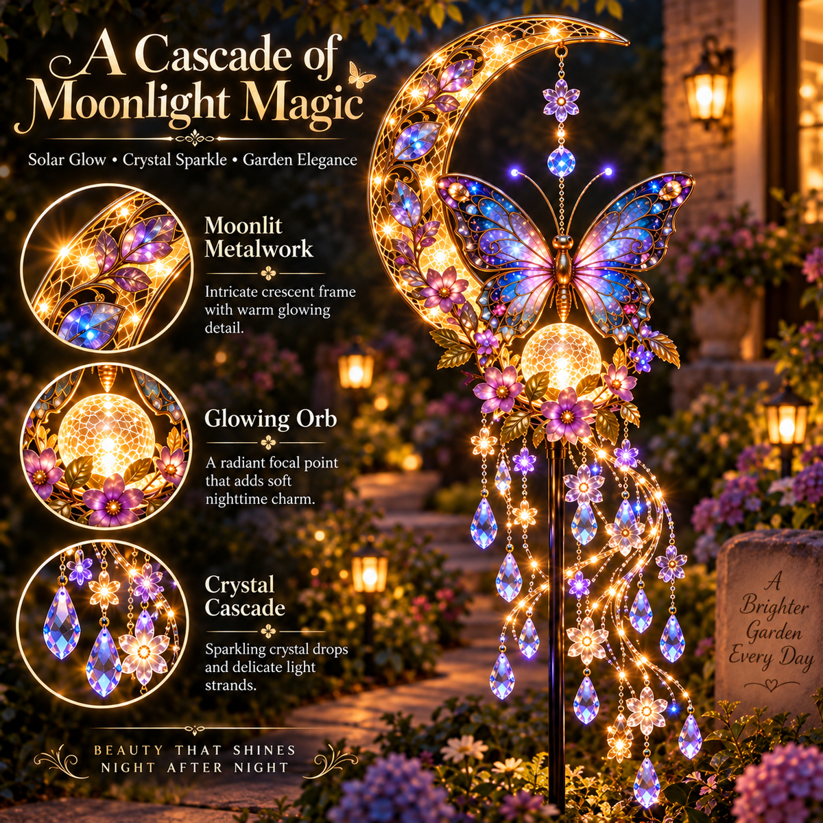 🦋 Glowing Butterfly Crescent Moon Solar Garden Light