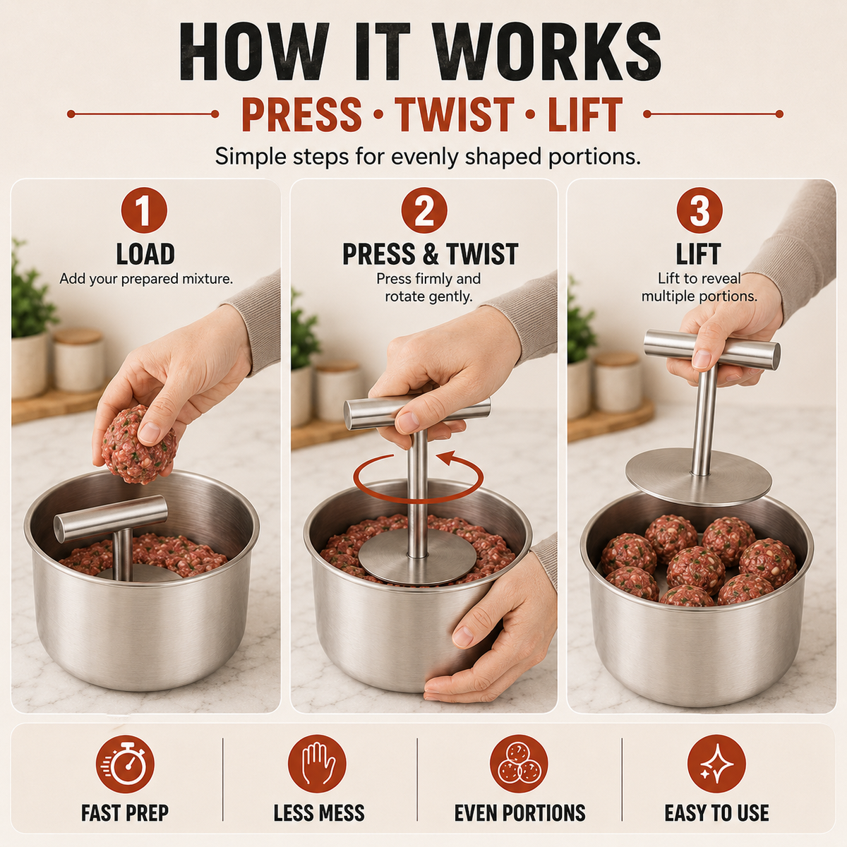 🥩 Stainless Steel 6-Hole Meatball Maker, Quick DIY Tool for Meat Balls, Fish Balls, Veggie Balls & Ice Cream
