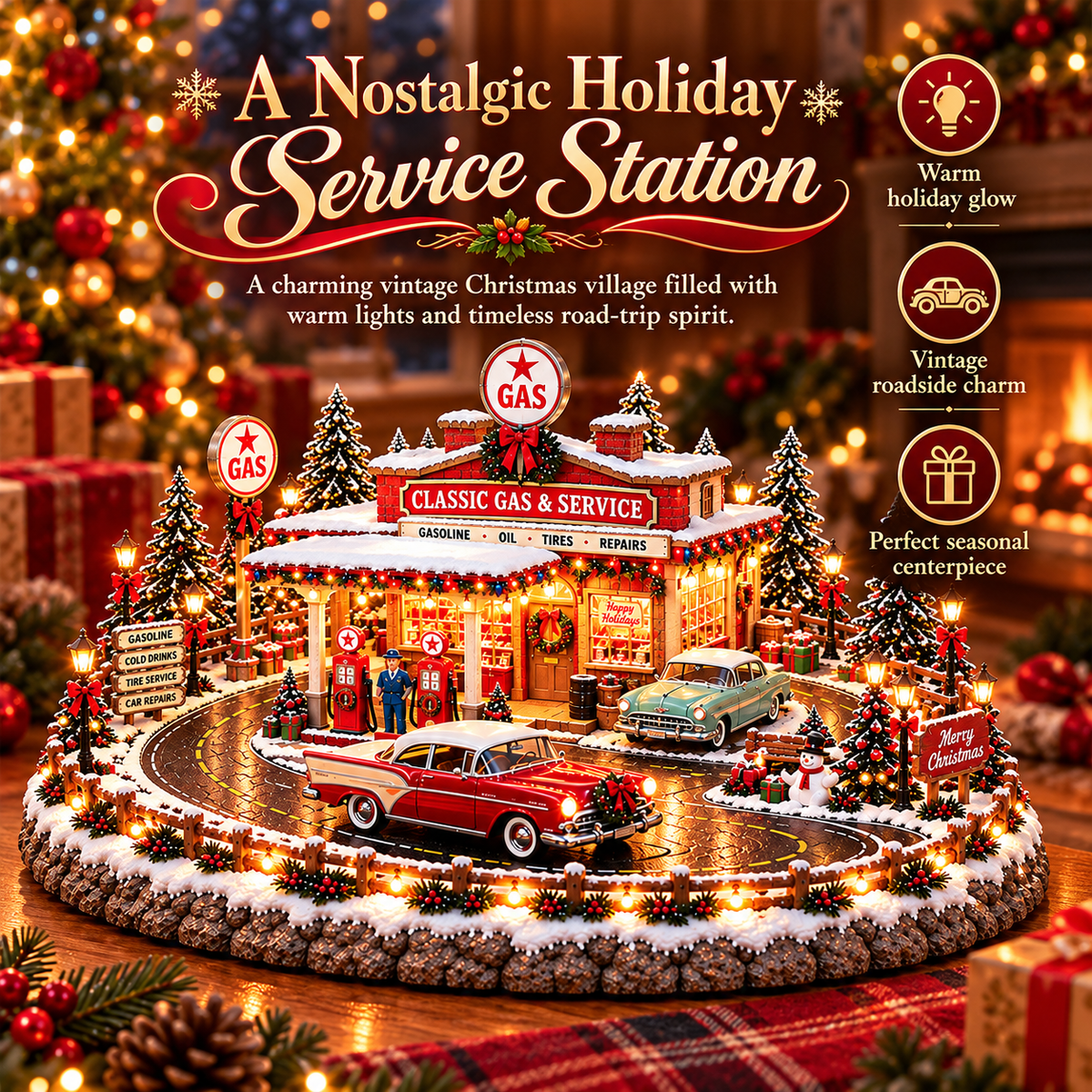 🚗 Christmas Classic Gas Station Village –4 Holiday Vehicle Scenes