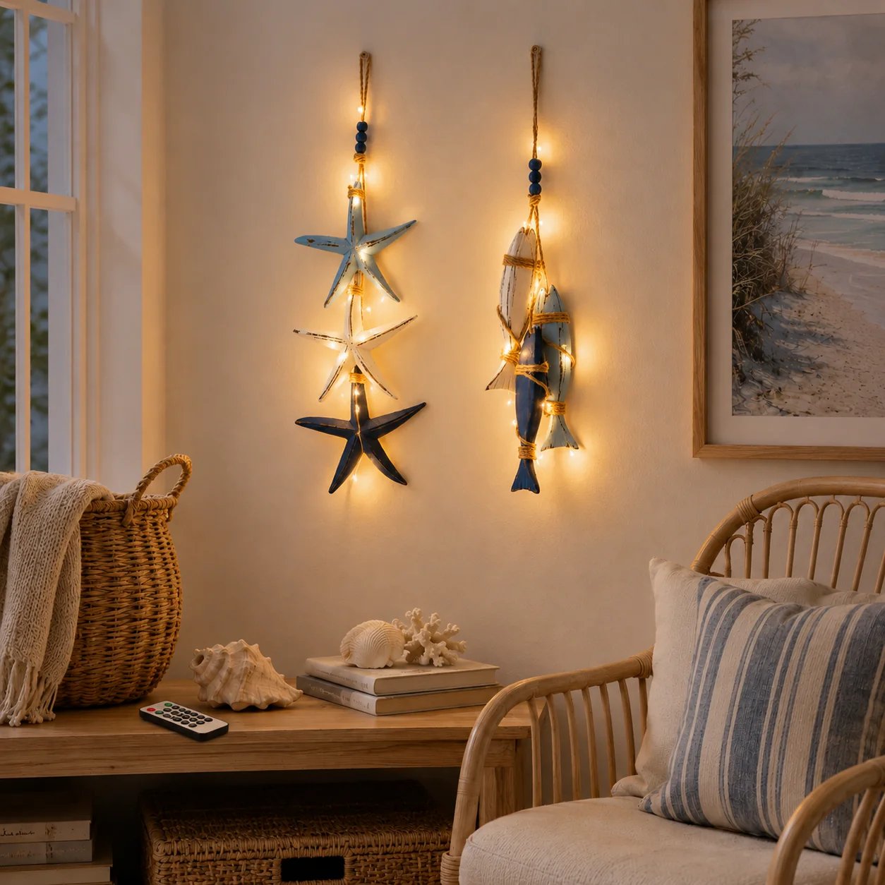 2026 Hot Sale🔥LED Lighted Nautical Wooden Starfish & Fish Hanging Wall Art