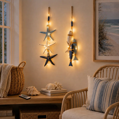 2026 Hot Sale🔥LED Lighted Nautical Wooden Starfish & Fish Hanging Wall Art