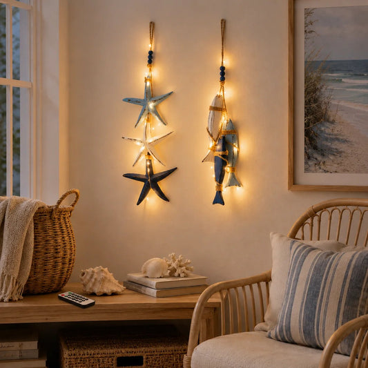 2026 Hot Sale🔥LED Lighted Nautical Wooden Starfish & Fish Hanging Wall Art