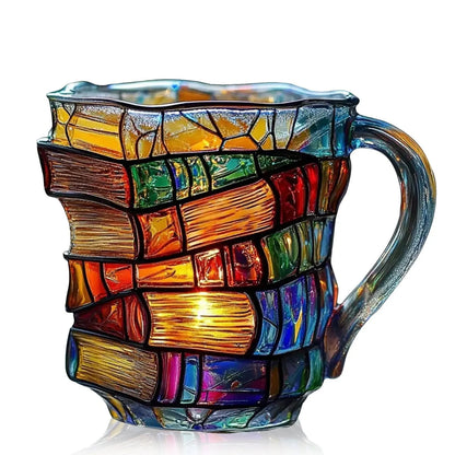 📚 Hand-Painted 3D Book Stack Glass Mug – Cozy Reader Gift ☕