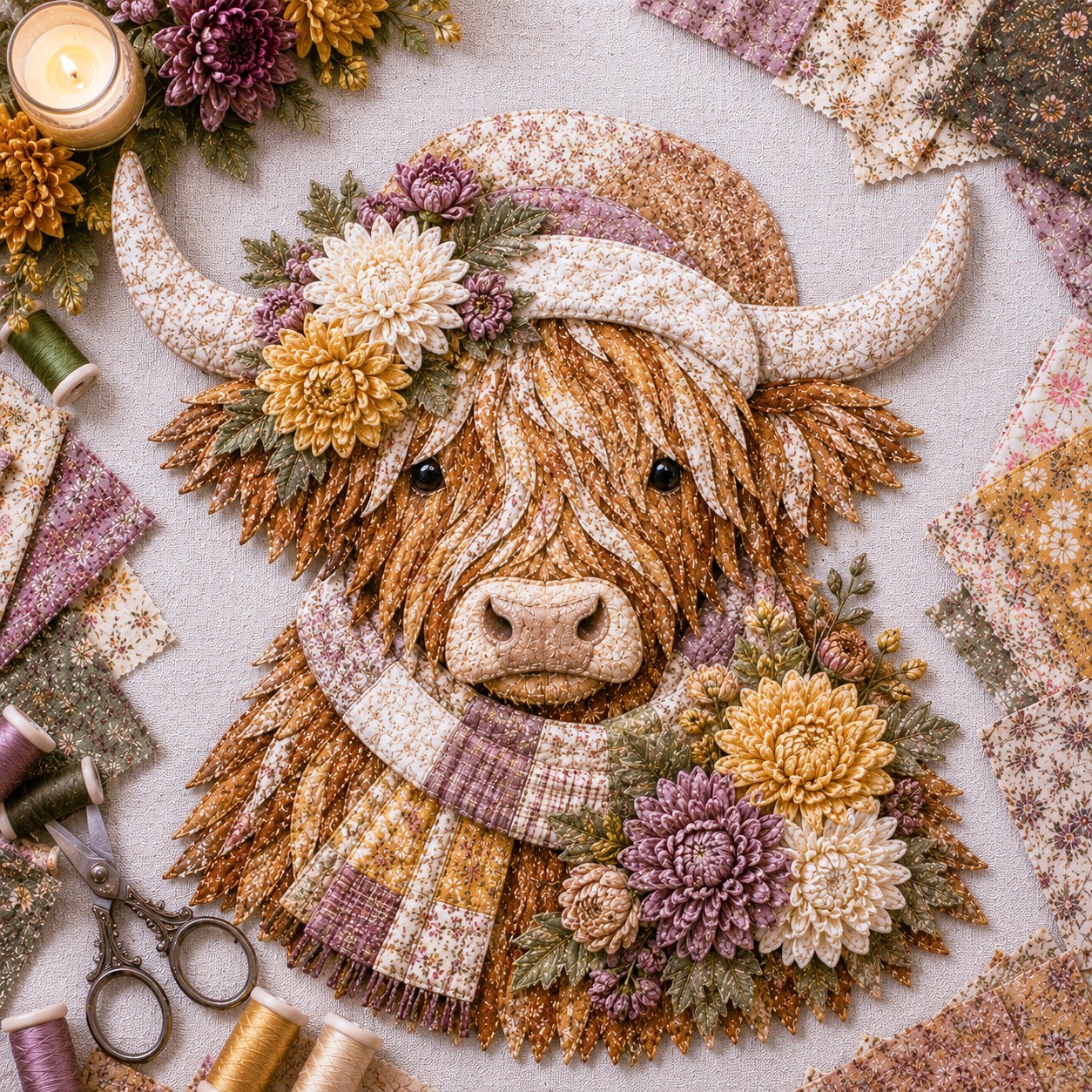 🔥Hot Sale🐮💐🌸 Birth Flower Highland Cow 3D Layered Fabric Art DIY Kit (Beginner-friendly)