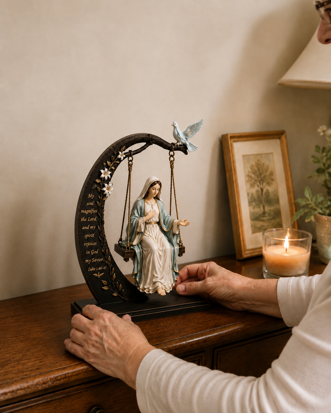 ✝️ Christian Faith Table Decor - Blessed Mary Cradle Swing Sculpture 🕊️