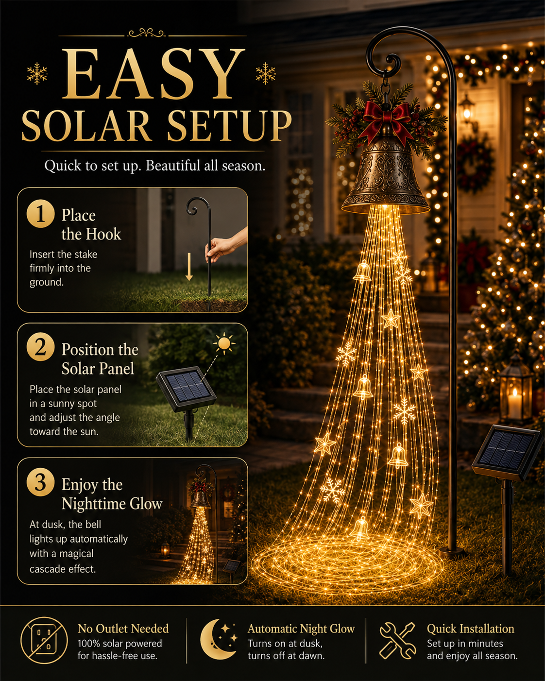 🔔Perfect Christmas Moment🎄 Christmas Bell Cascade Solar Yard Light✨