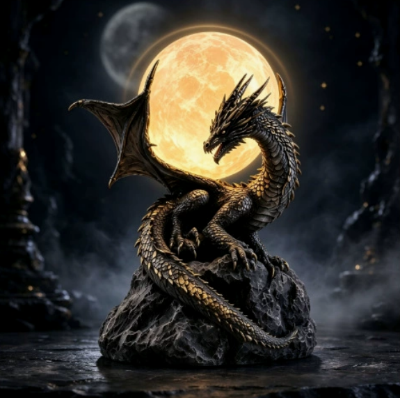 🐉 Gothic Dragon Moon Lamp – Glowing Fantasy Statue