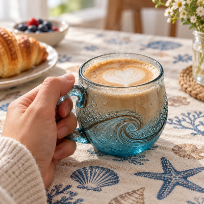 🌊 Ocean Wave Glass Mug – 350ml Borosilicate Cup for Hot & Cold Drinks