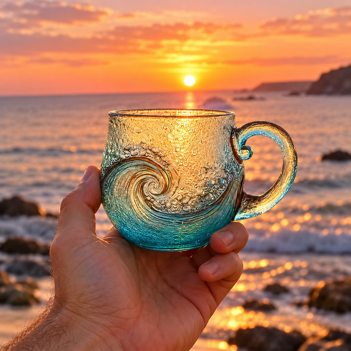🌊 Ocean Wave Glass Mug – 350ml Borosilicate Cup for Hot & Cold Drinks