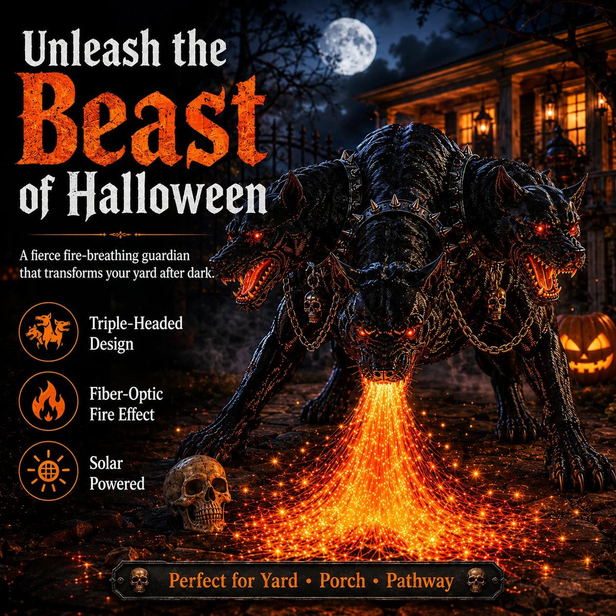 🔥 Limited-Time 49% OFF – 🎃 3-Headed Hellhound Halloween Light – Make Your Yard the One Everyone Remembers