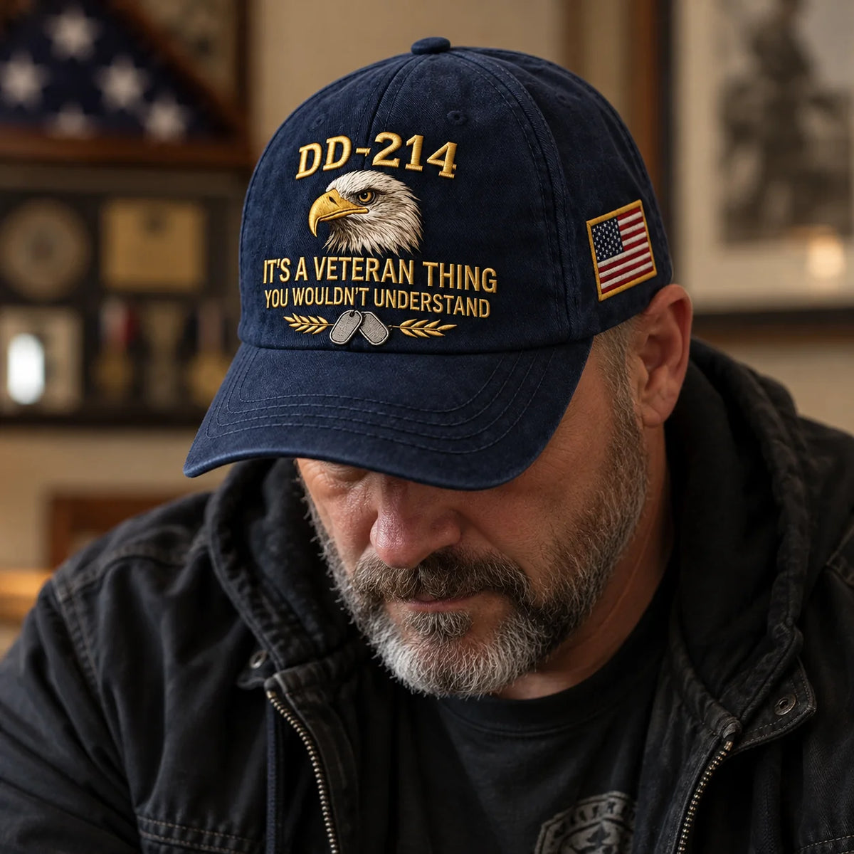 🎖️ DD-214 Veteran Cap – Eagle, Dog Tag & U.S. Flag Embroidered Hat