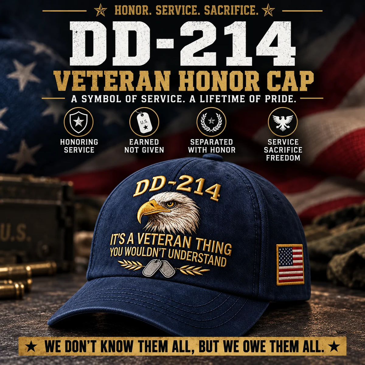 🎖️ DD-214 Veteran Cap – Eagle, Dog Tag & U.S. Flag Embroidered Hat