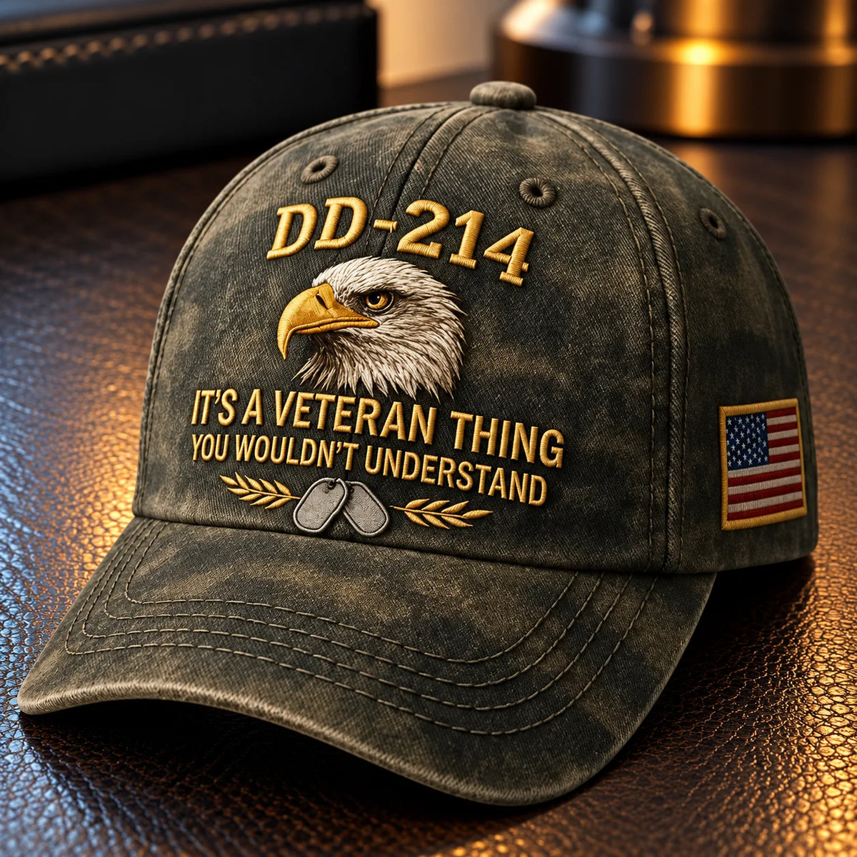 🎖️ DD-214 Veteran Cap – Eagle, Dog Tag & U.S. Flag Embroidered Hat