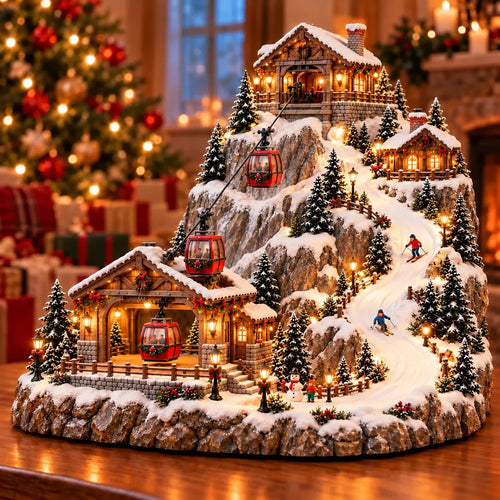 ⛷️✨Animated Christmas Mountain Cable Car & Ski Village Scene