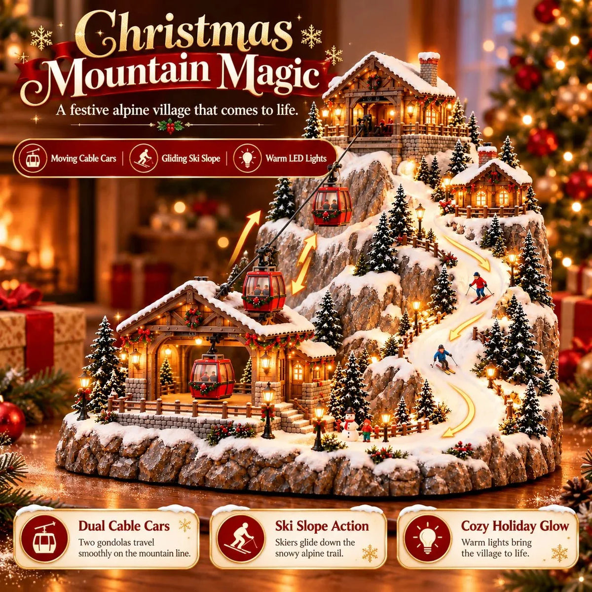 ⛷️✨Animated Christmas Mountain Cable Car & Ski Village Scene