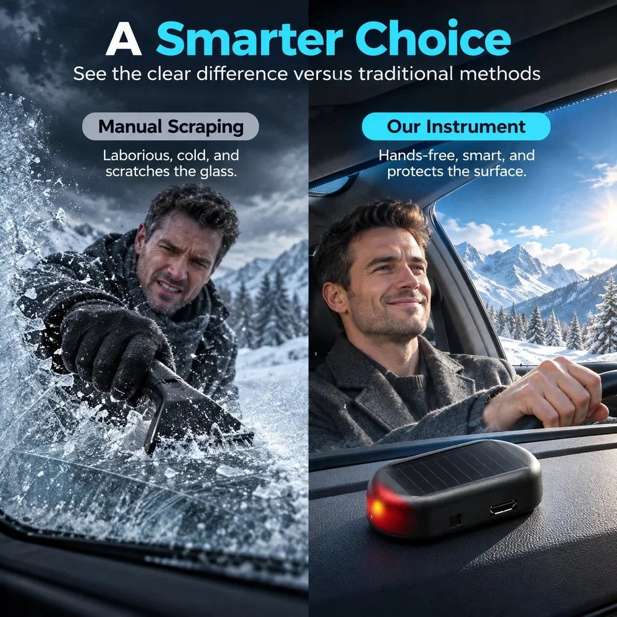 Comparison between traditional winter scraping and compact vehicle accessory