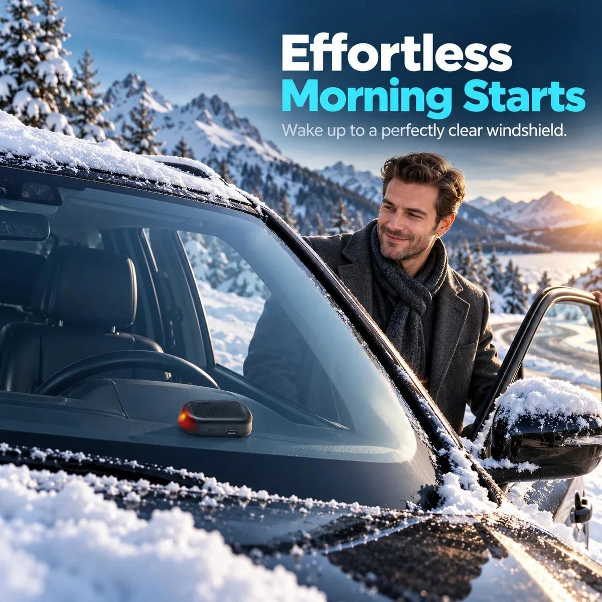 Winter morning vehicle scene with dashboard device