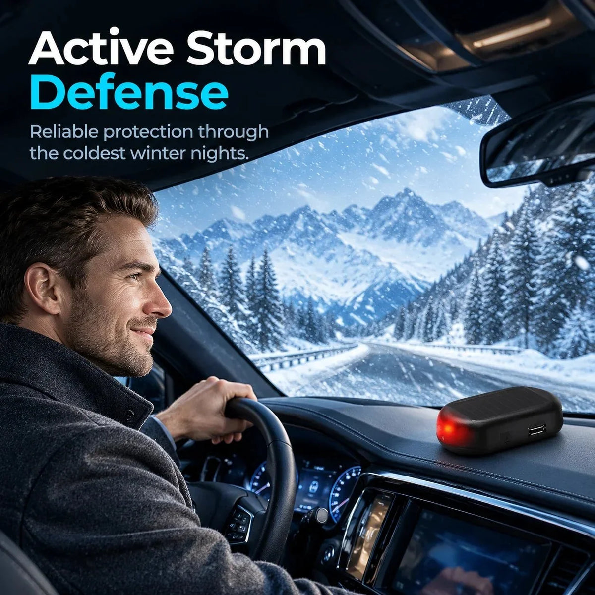 Vehicle interior in snowy winter driving conditions