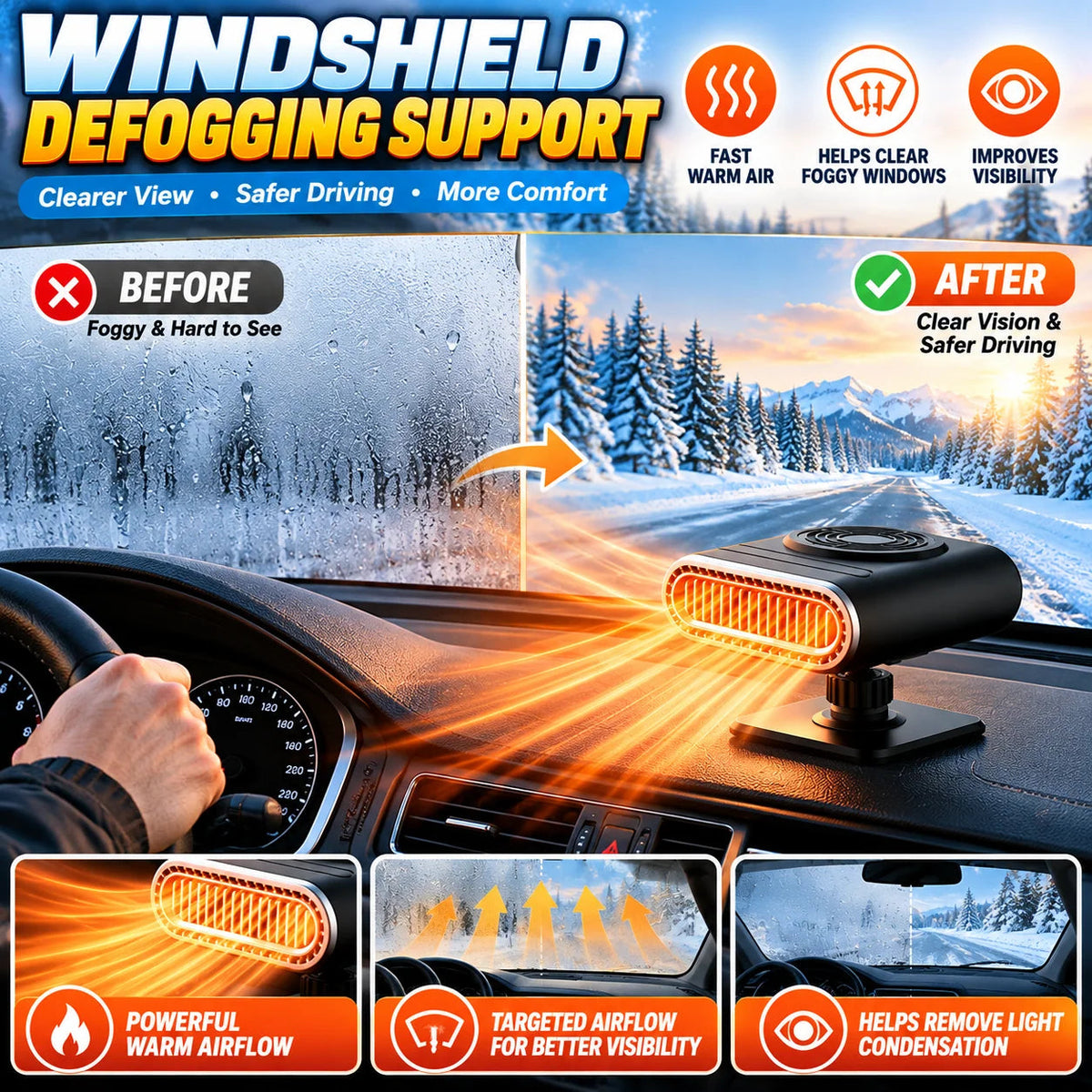 ❄️ 12V Portable Car Heater & Defogger – Adjustable Warm Air Fan for Winter Driving