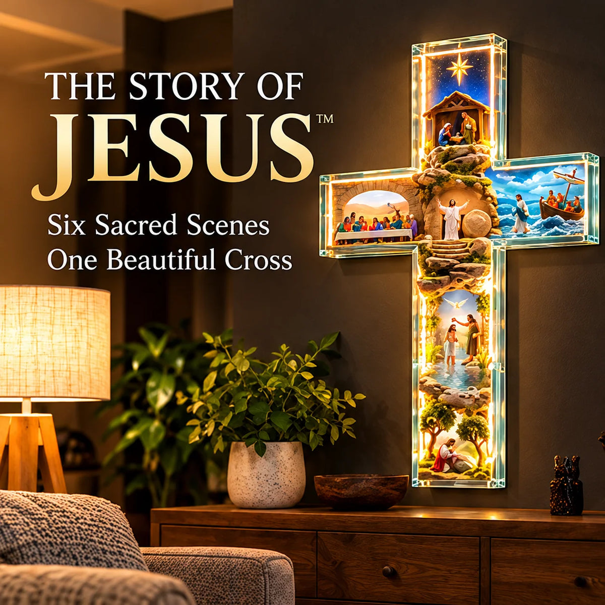 ✝️Illuminated Cross Lamp with Six Biblical Scenes