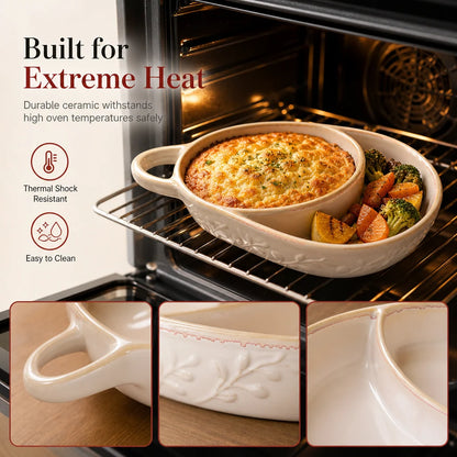 🍲Retro Ceramic Divided Baking Dish with Handle – Vintage Dual-Compartment Dish for Every Occasion