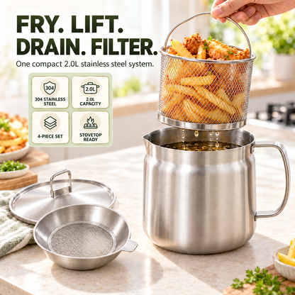 🍟 3-in-1 2.0L 4-Piece 304 Stainless Steel Deep Fryer Pot Set – Stovetop Frying, Oil Draining & Filtering with Basket & Lid