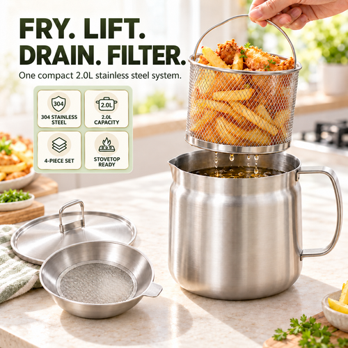 🍟 3-in-1 2.0L 4-Piece 304 Stainless Steel Deep Fryer Pot Set – Stovetop Frying, Oil Draining & Filtering with Basket & Lid