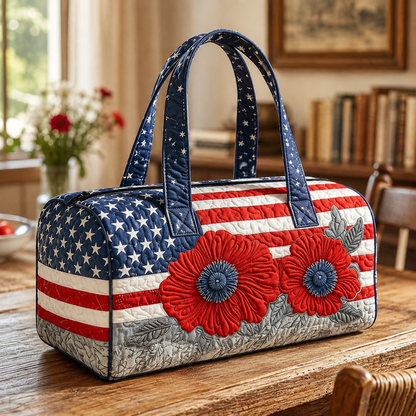 🇺🇸🧵 Handcrafted Patriotic Quilted Tote Bag – 3D Floral American Flag Travel Duffel