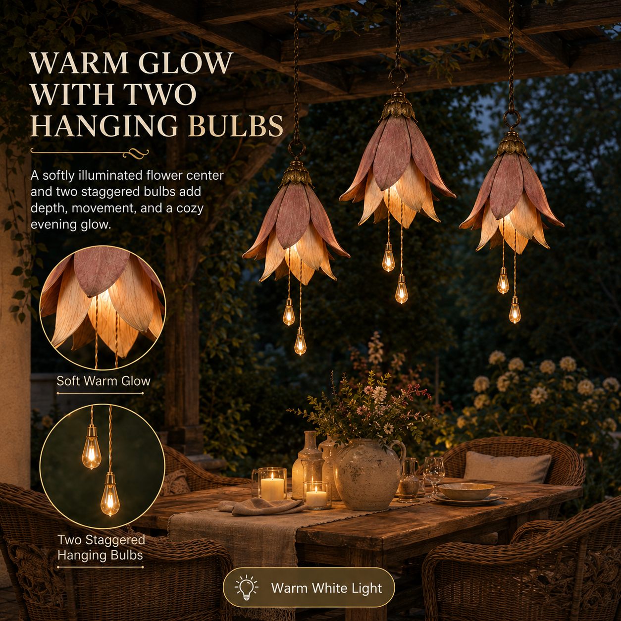 🌸✨ Set of 3 Vintage Hanging Flower Lights – Warm Glow Garden & Patio Decor