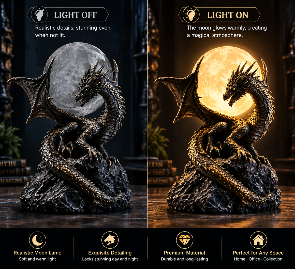 🐉 Gothic Dragon Moon Lamp – Glowing Fantasy Statue
