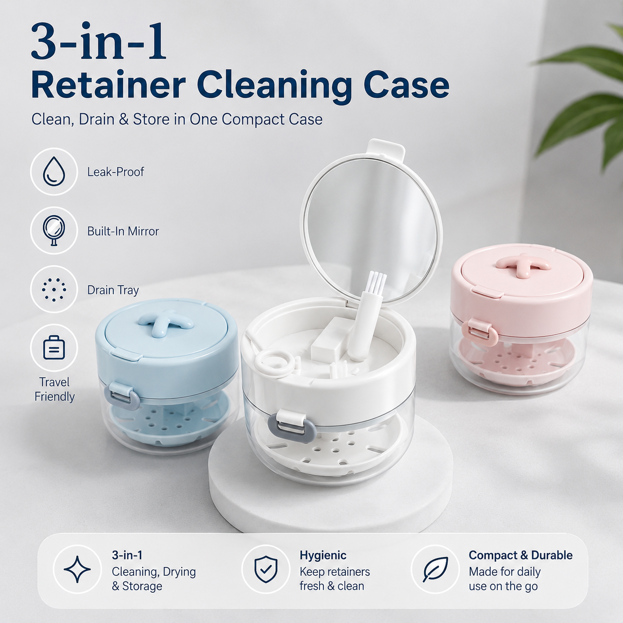 🔥3-in-1 Leak-Proof Retainer Cleaning Case with Mirror, Drain Tray & Travel Storage