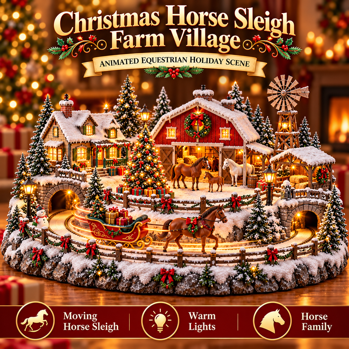 🐴🎄Lighted Christmas Farm Village – Horse Stable & Highland Cow Holiday Scene